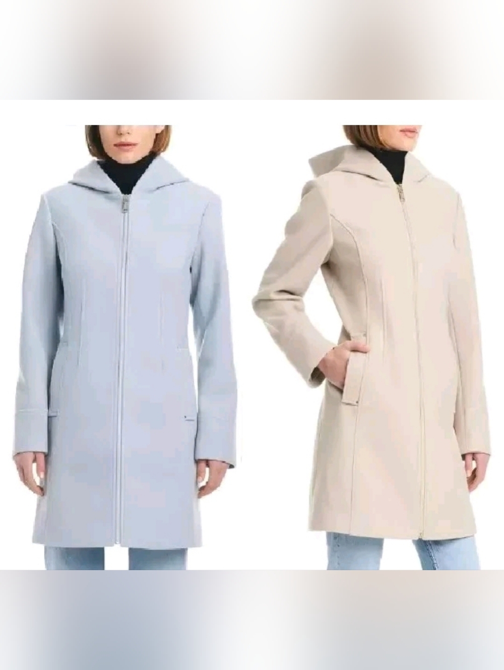 Vince Camuto Zip-Front Hooded Trench Coat - Light Blue & Tan